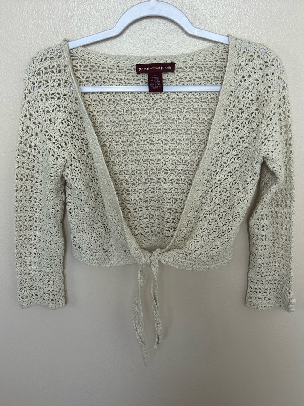 Vintage Cream Crochet Tie-Front Cardigan